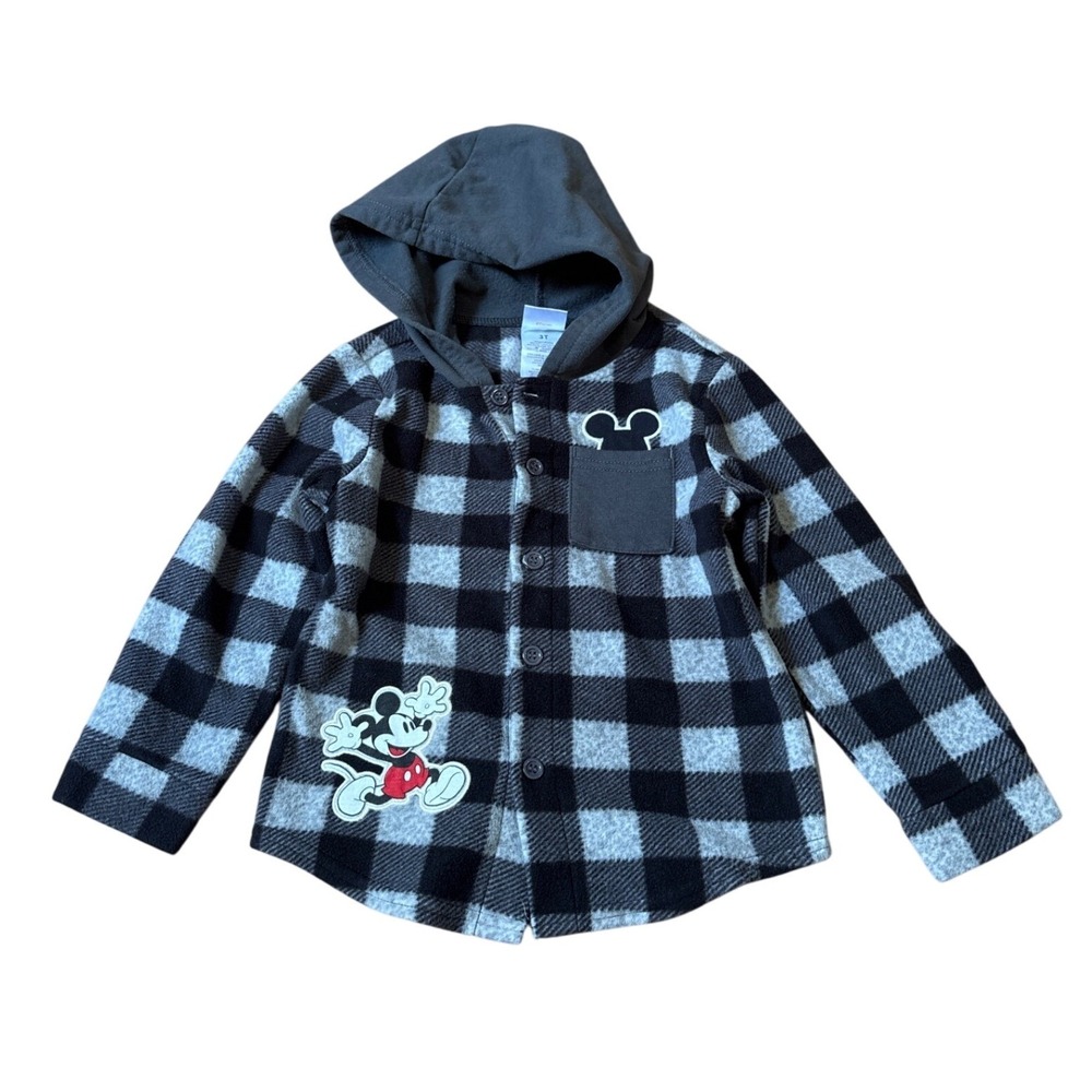 Disney Mickey Mouse Hooded Flannel Shirt Kids Black Grey Buffalo Plaid SIZE 3T